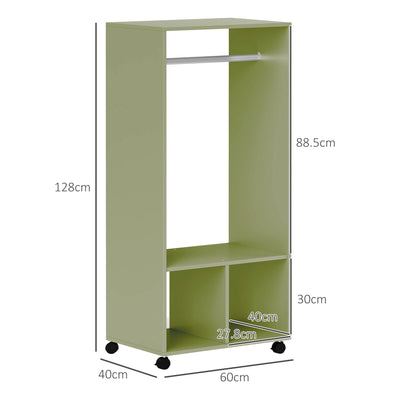 HOMCOM Open Wardrobe on Wheels, Bedroom Wardrobe with Clothes Hanging Rail, 2 Storage Shelves, Mobile Garment Rack for Cloakroom, Hallway, Green 