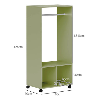 HOMCOM Open Wardrobe on Wheels, Bedroom Wardrobe with Clothes Hanging Rail, 2 Storage Shelves, Mobile Garment Rack for Cloakroom, Hallway, Green 