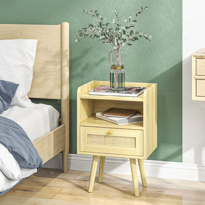 HOMCOM Set of Two Rattan Weave Bedside Tables - Wood Effect 