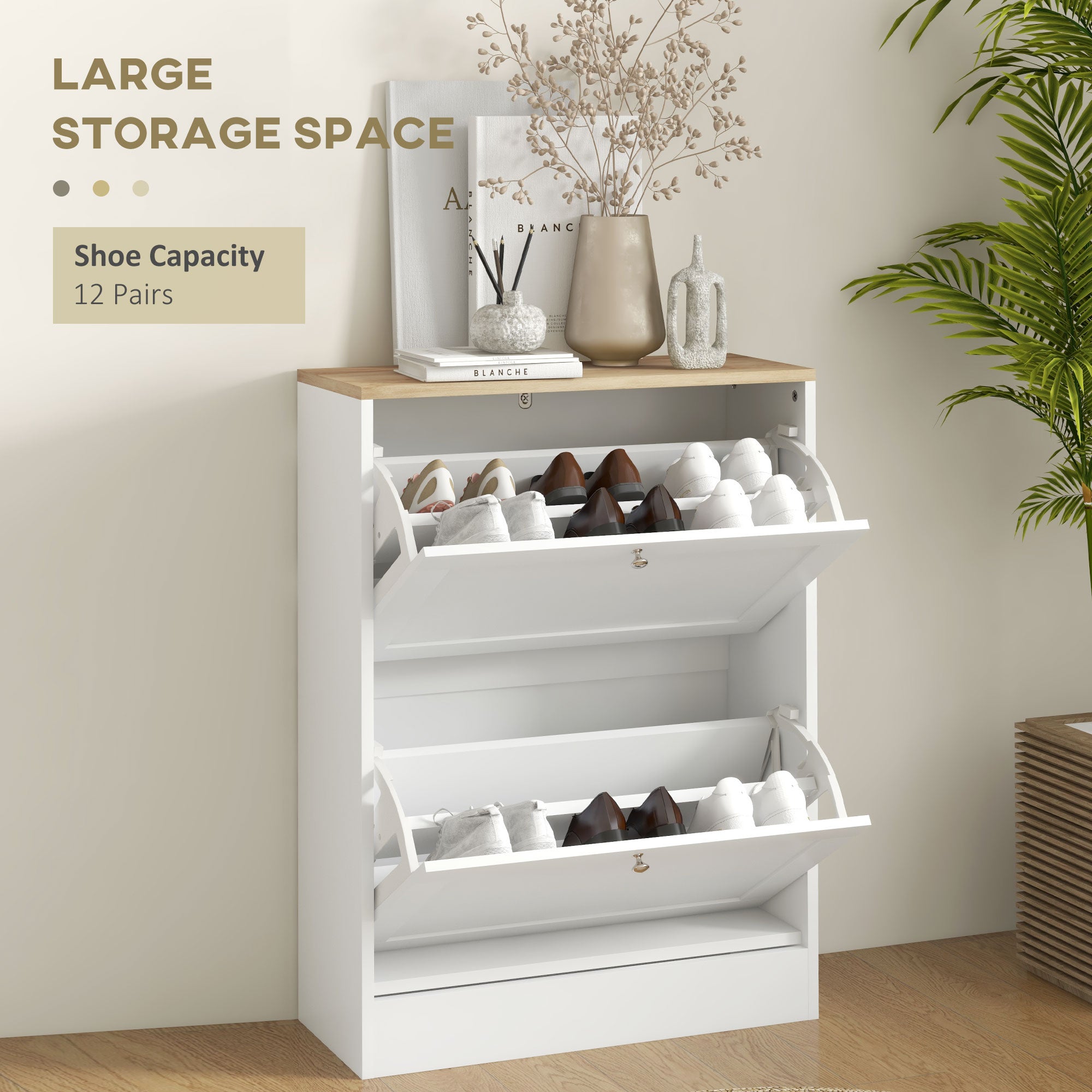 HOMCOM Narrow Shoe Cabinet with 2 Flip Drawers and Adjustable Shelves - White