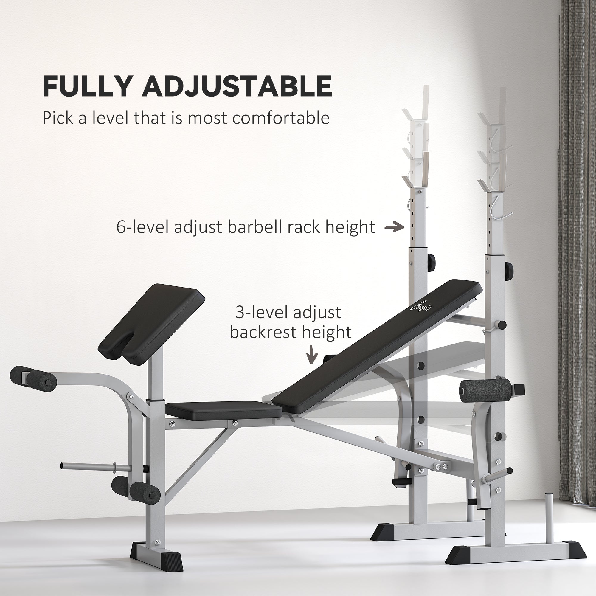 HOMCOM Adjustable Weight Bench with Squat Rack, Heavy Duty Bench Press Rack with Preacher Curl Pad, Leg Developer, Barbell Rack, Butterfly, Home Gym Strength Training Multiuse Workout Bench, Grey