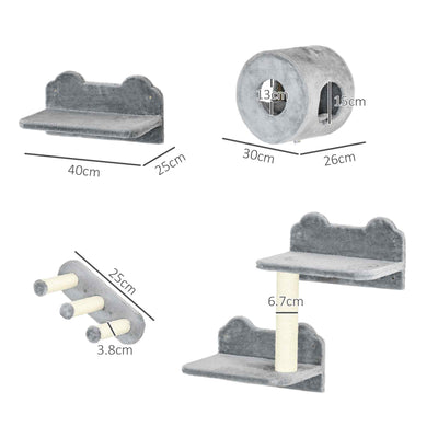PawHut 4PCs Wall-Mounted Cat Tree, with Steps, Perch, Cat House - Grey 
