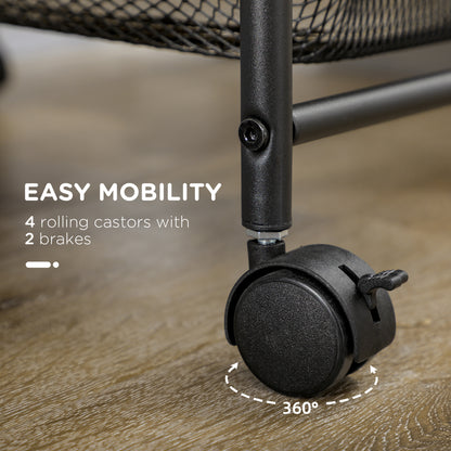 HOMCOM Storage Trolley on Wheels, Rolling Utility Serving Cart with 4 Mesh Trays for Living Room, Kitchen, Black 