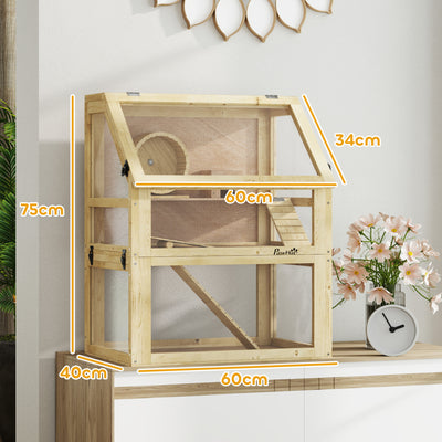 PawHut Wooden Hamster Cage with Detachable 32cm Deep Bottom, Hut, Seesaw, Exercise Wheel, Ramps, 60 x 40 x 75cm 