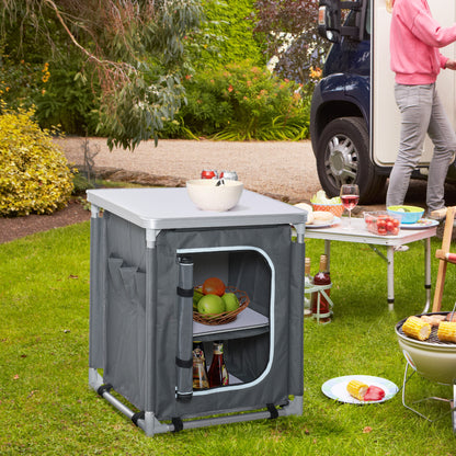 Outsunny 2-Shelf Camping Cupboard Camping Kitchen Station Cook Table Aluminum, Storage Organiser for BBQ Party Picnics Backyards with Carrying Bag 