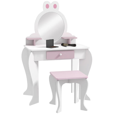 ZONEKIZ Bunny-Design Kids Dressing Table, with Mirror and Stool - White and Pink 