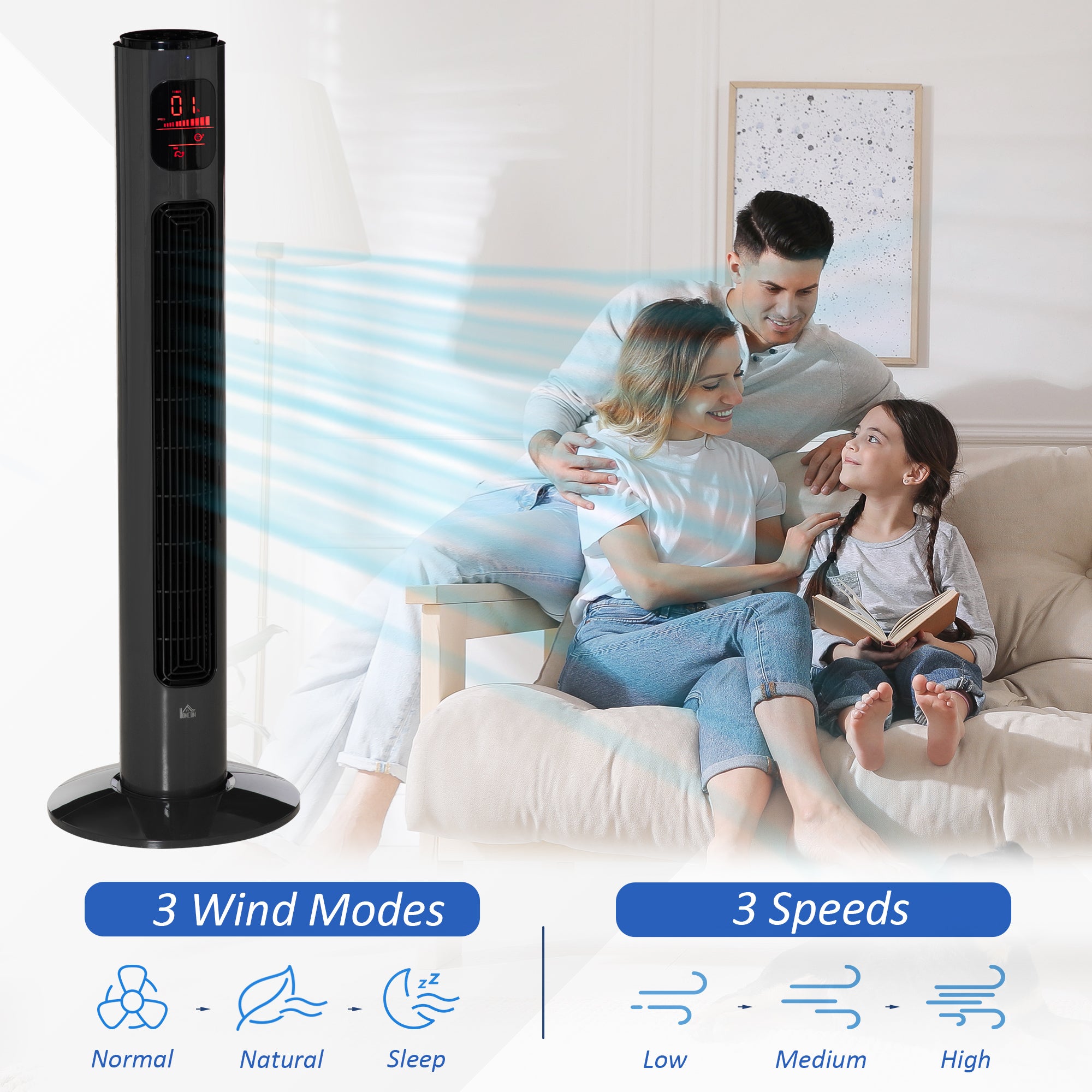 HOMCOM 38'' Freestanding Tower Fan, 3 Speed 3 Mode, 12h Timer, 70 Degree Oscillation, LED Panel, 5M Remote Controller, Dark Grey 