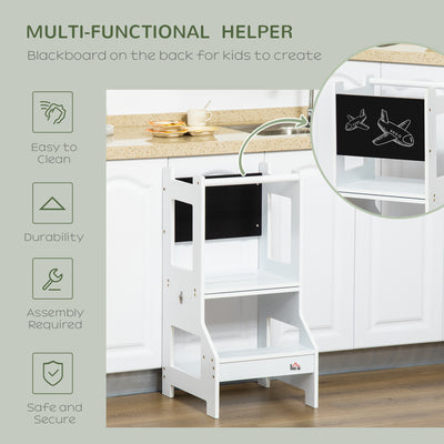 HOMCOM 2 in 1 Kids Kitchen Step Stool with Safety Rail Toddler Steps with Chalkboard for Kitchen Bathroom, White 