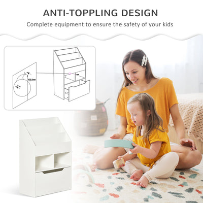 HOMCOM Kids Bookshelf, Toy Organiser, with Storage Drawer, Wheels - White 