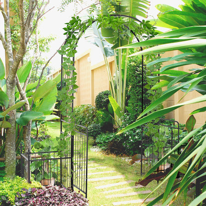 Outsunny Metal Garden Arbor Arch with Double Doors, 2 Side Planter Baskets, Climbing Vine Frame, Black 