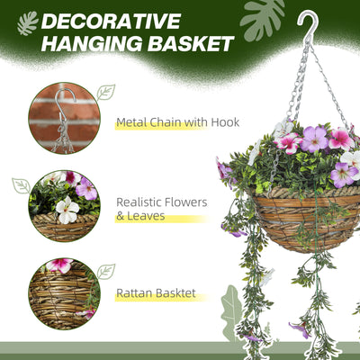 HOMCOM Set of 2 Decorative Artificial Plants, Faux Silk Azalea Flowers in Hanging Baskets, Fake Plants for Home Indoor Outdoor Decor, Pink and White 