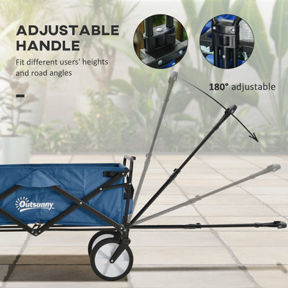 Outsunny 90L Folding Garden Trolley Cart Pull Along Wagon with Telescopic Handle for Beach Camping Festival - Navy Blue 
