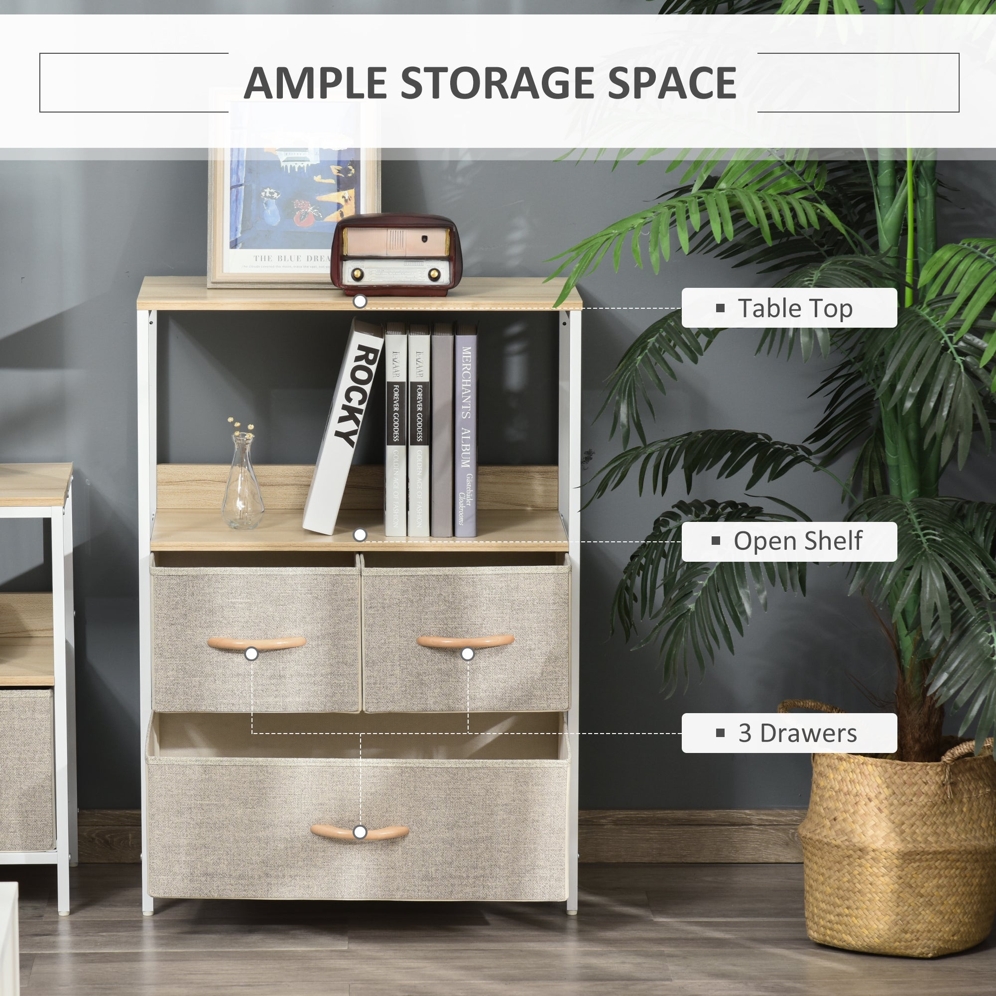 HOMCOM 3 Drawer Storage Chest Unit Home Cabinet w/ Shelves Home Living Room Bedroom Entryway Living Furniture, Light Grey 