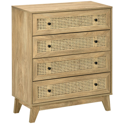 HOMCOM Storage Cabinet, 4-Drawer Unit with Rattan Element for Bedroom, Living Room, 80cmx35cmx95cm, Wood Effect 