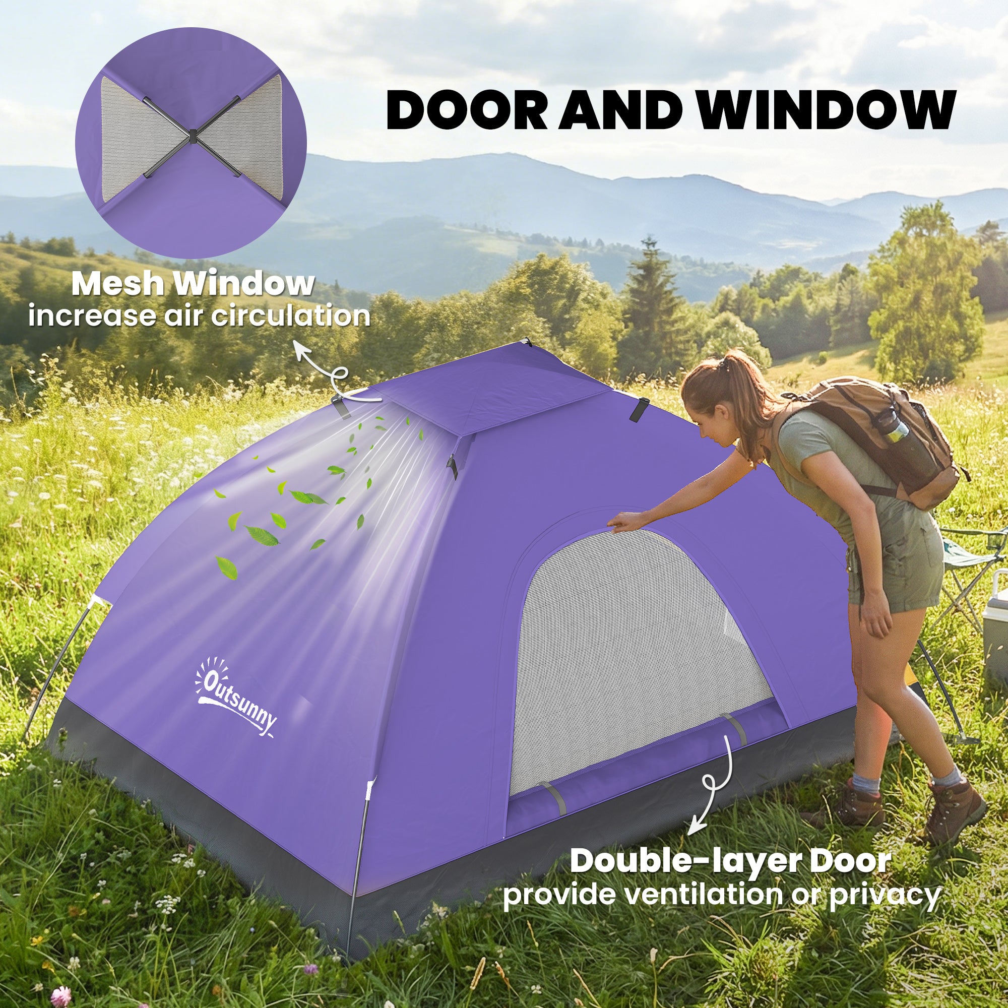 Outsunny 2 Person Camping Tent, Dome Tent with Zipped Doors, Storage Pocket, Portable Handy Bag, Light Purple 