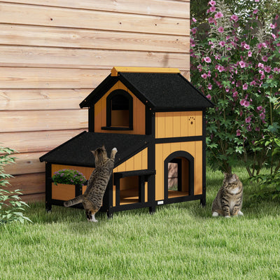 PawHut Wooden Cat House with Flower Pot, Windows, Multiple Entrances, Water-Resistant Roof for Outdoor - Yellow 