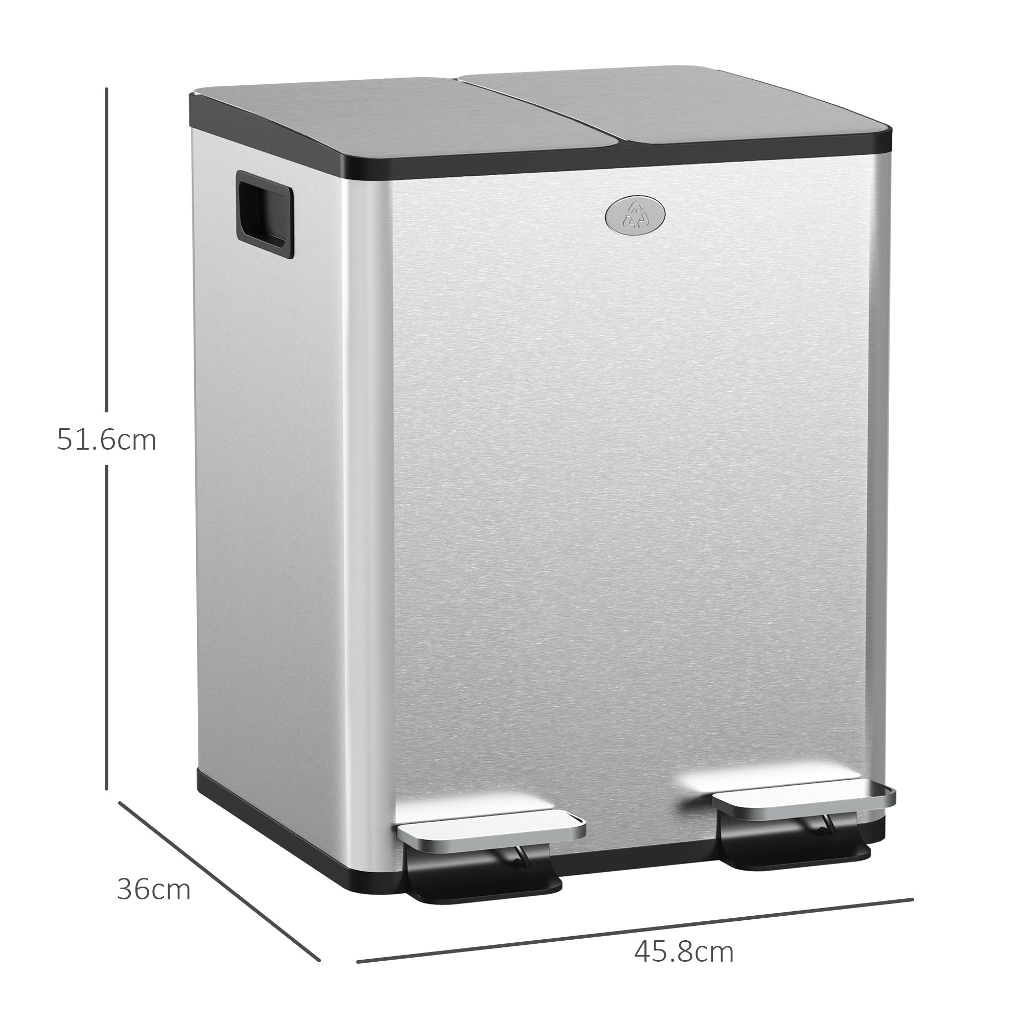 HOMCOM 40L Dual Compartment Stainless Steel Bin, with Deodoriser Holders - Silver Tone 