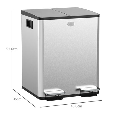 HOMCOM 40L Dual Compartment Stainless Steel Bin, with Deodoriser Holders - Silver Tone 