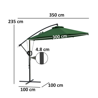 Outsunny 3(m) Garden Cantilever Parasol with Cover and Wind Protection Strap, Round Overhanging Umbrella with Crank Handle and Tilt, Banana Patio Umbrella for Outdoor Sun Shade, UPF50+, Green 