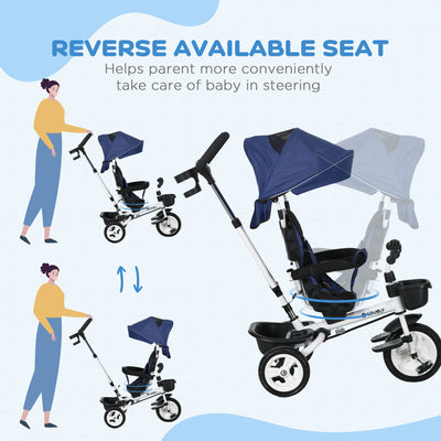 HOMCOM Metal Frame 6 in 1 Baby Push Tricycle with Parent Handle for 1-5 Years Old, Dark Blue 
