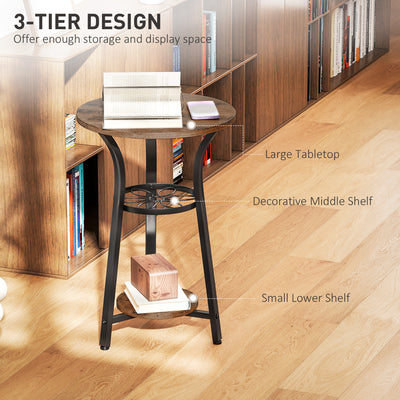 HOMCOM Small Round Side Table with 3 Storage Shelves - Rustic Brown 