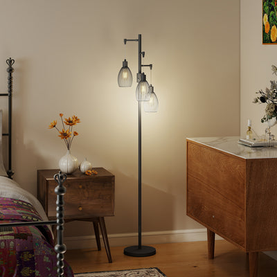 HOMCOM 3-Light LED Floor Lamp, 170cm Industrial Dimmable Standing Lamp with Steel Wire Cage Lampshades, 2700K for Living Room, Bedroom, Dining Room, Study, Black 