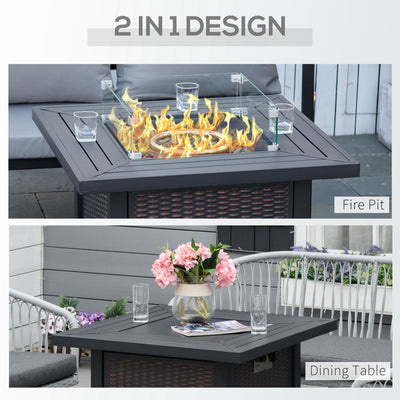 Outsunny Square Propane Gas Fire Pit Table, 50000 BTU Rattan Smokeless Firepit Patio Heater with Glass Screen, Glass Beads and Lid, 81cm x 81cm x 64cm, Black 