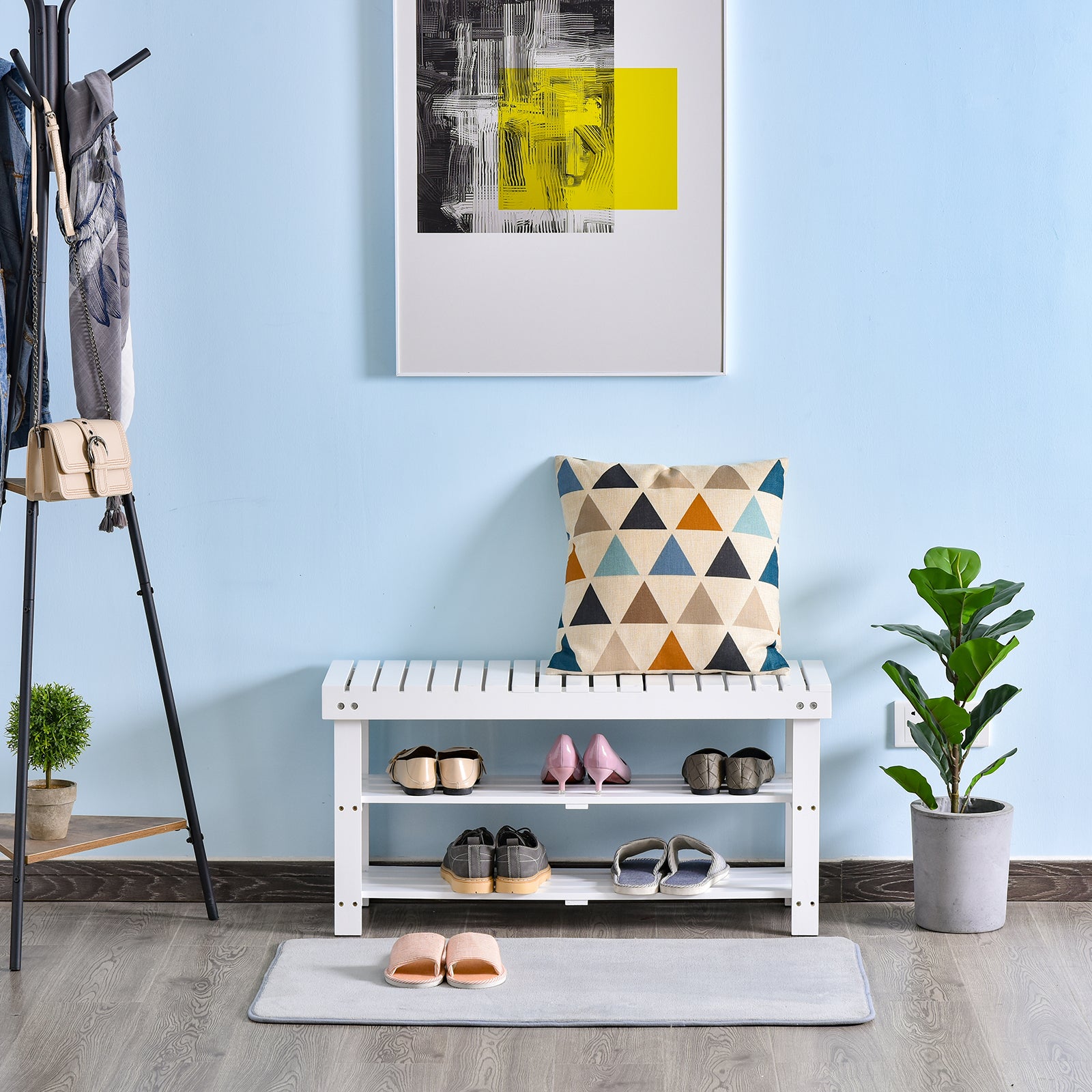 HOMCOM Shoe Bench, 3-Tier Wooden Shoe Rack with Hidden Storage Compartment, Slatted Shelves, Home Storage Unit, Hallway Furniture, White, 90L x 29W x45H cm 