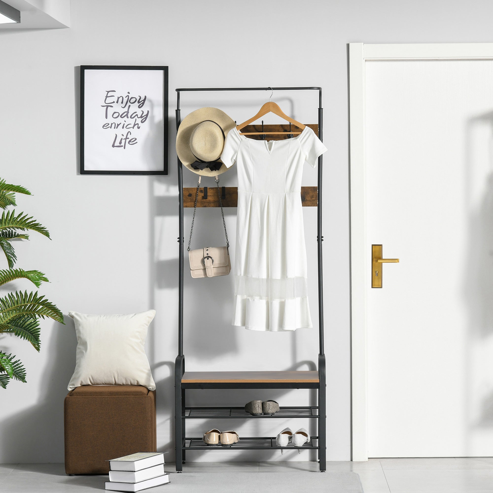 HOMCOM Coat Rack Stand Industrial hallway Shoe Rack Removable Hooks Metal Wood Hangers Storage Cabinet Rustic Brown 72L×34W×185H(cm) 