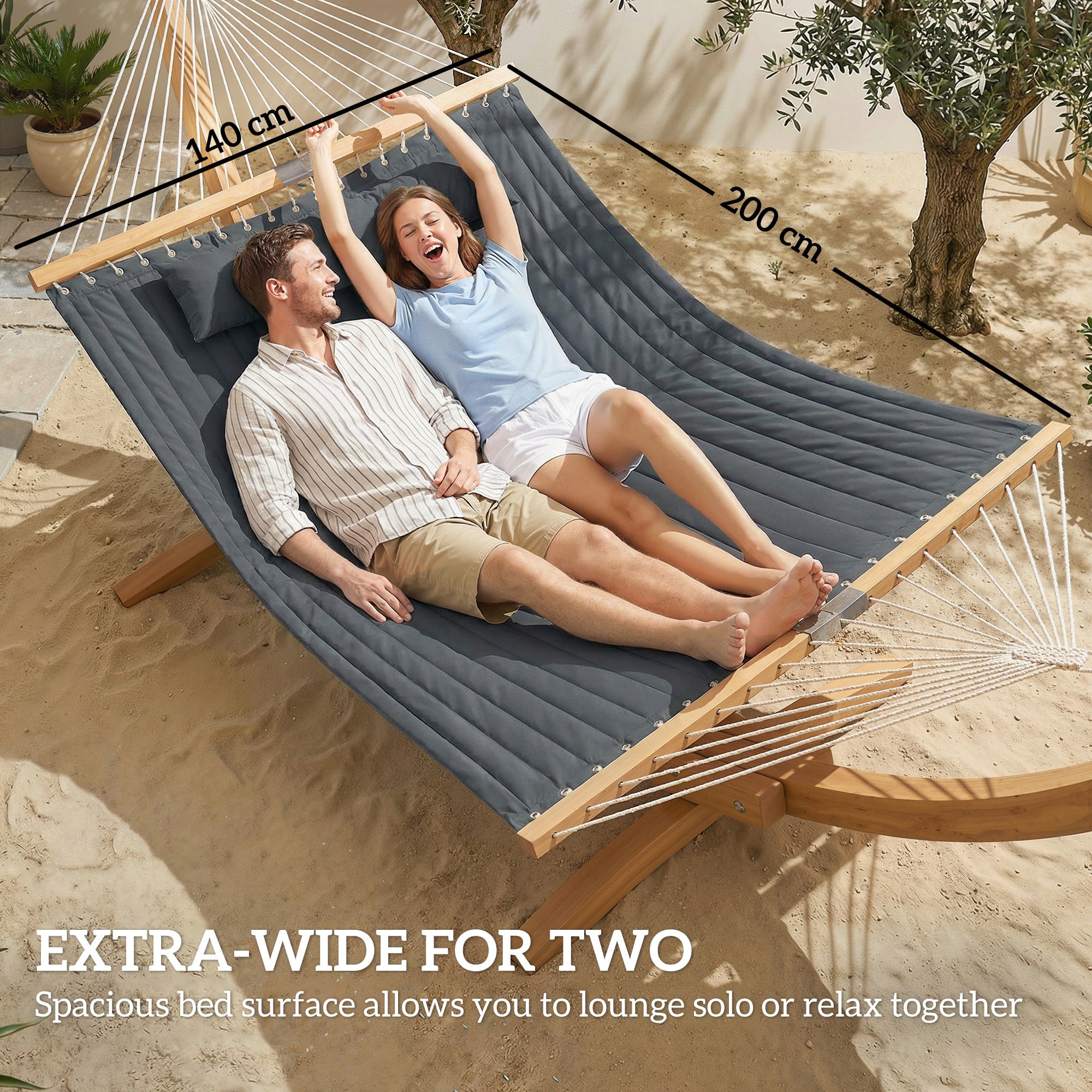 Outsunny Double Hammock 2 Person Swing Bed with Spreader Bars, Pillows, Pad, 200 x 140cm, Grey 