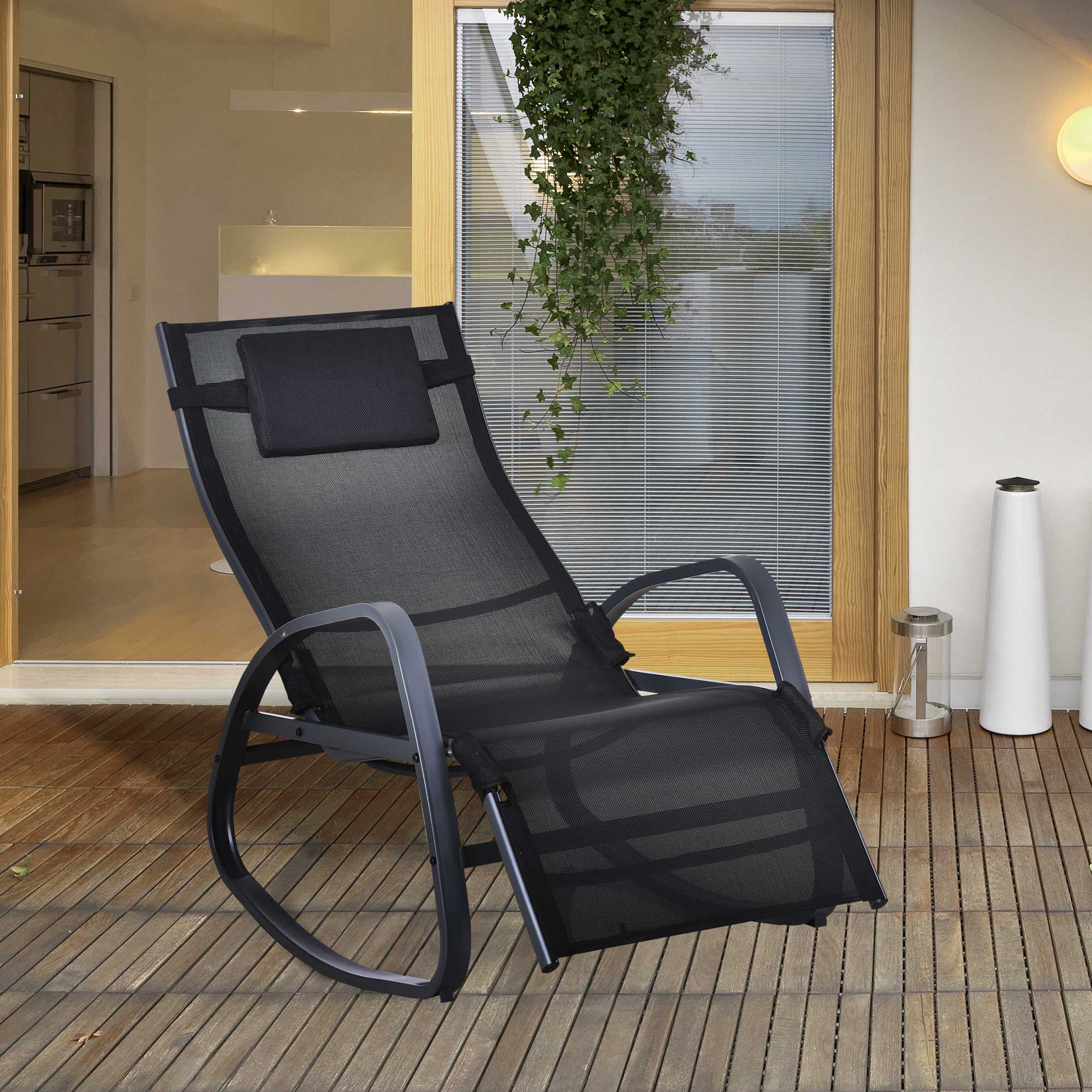 Outsunny Garden Rocking Chair with 5-Level Adjustable Backrest, Rocking Sun Lounger with Removeable Headrest Pillow, Footrest, Armrest and Safety Stopper, Black 