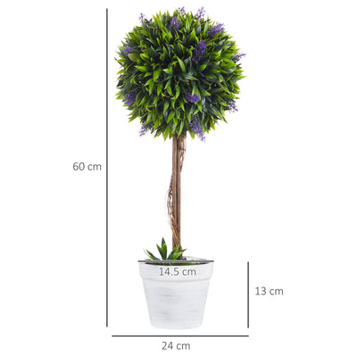 HOMCOM Set of 2 Decorative Artificial Plants Ball Trees with Lavender Flowers in Pot Fake Plants for Home Indoor Outdoor Decor, 60cm, Green 