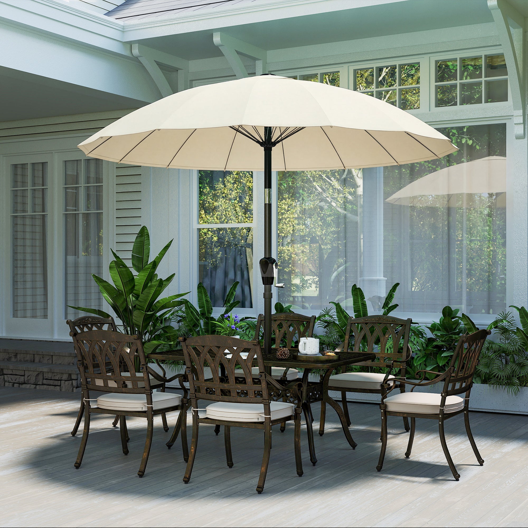 Outsunny 2 m Shanghai Garden Parasol Umbrella with 16 Fibreglass Ribs, Outdoor Parasol Sun Shade with Crank & Tilt, Cream White 