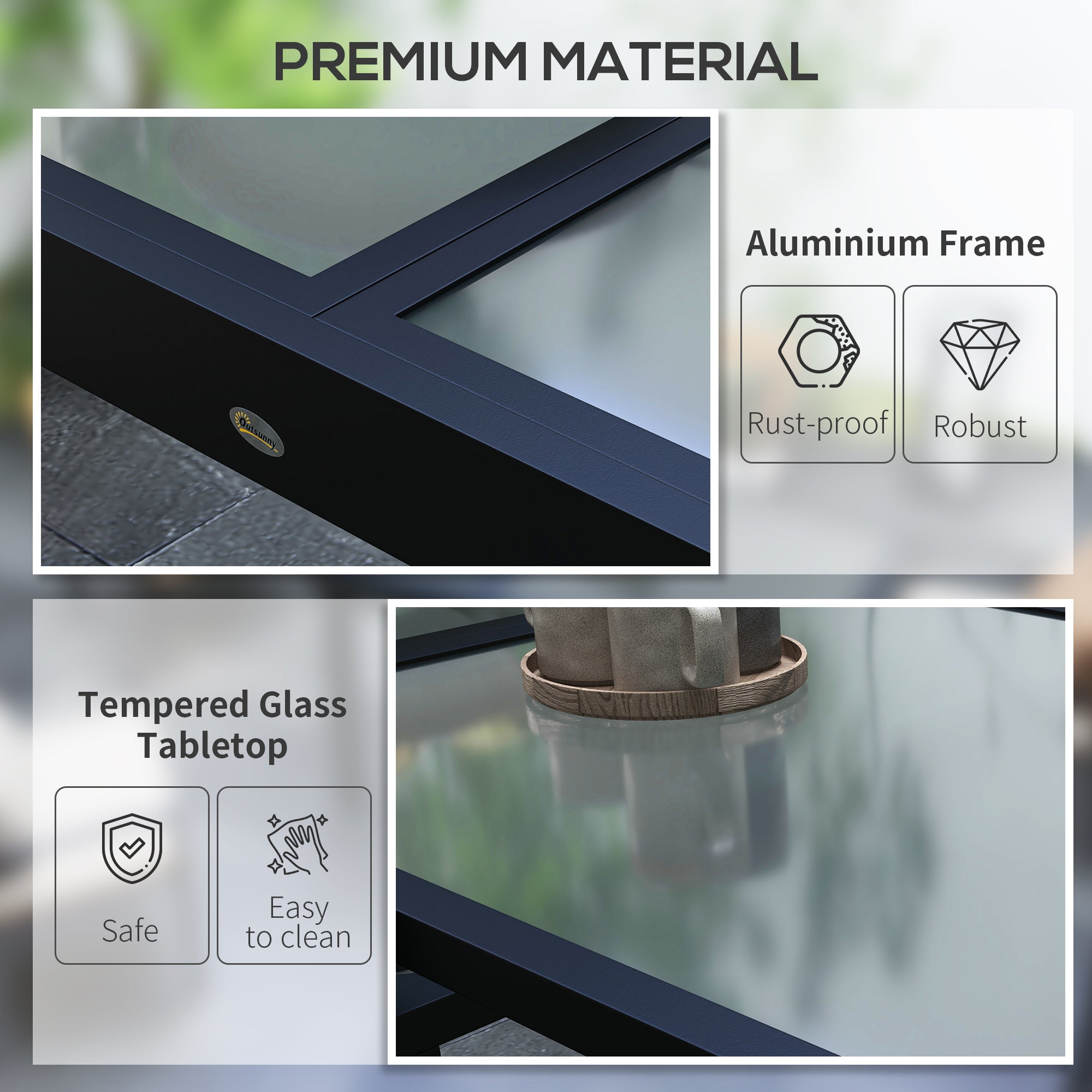 Outsunny Extending Garden Table, Outdoor Dining Table with Aluminium Frame and Tempered Glass Tabletop, 80/160 x 80 x 75 cm, Black and Clear 