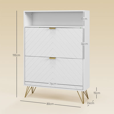 HOMCOM 12 Shoe Storage Cabinet, with Chevron Indents and Gold Tone Accents - White 