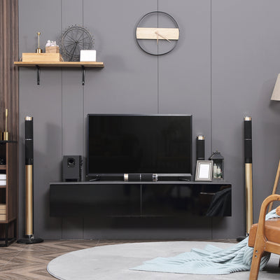HOMCOM 160cm High Gloss Floating TV Unit Stand for TVs up to 70", Wall Mounted TV Cabinet with Storage Cupboards, Grey and Black 