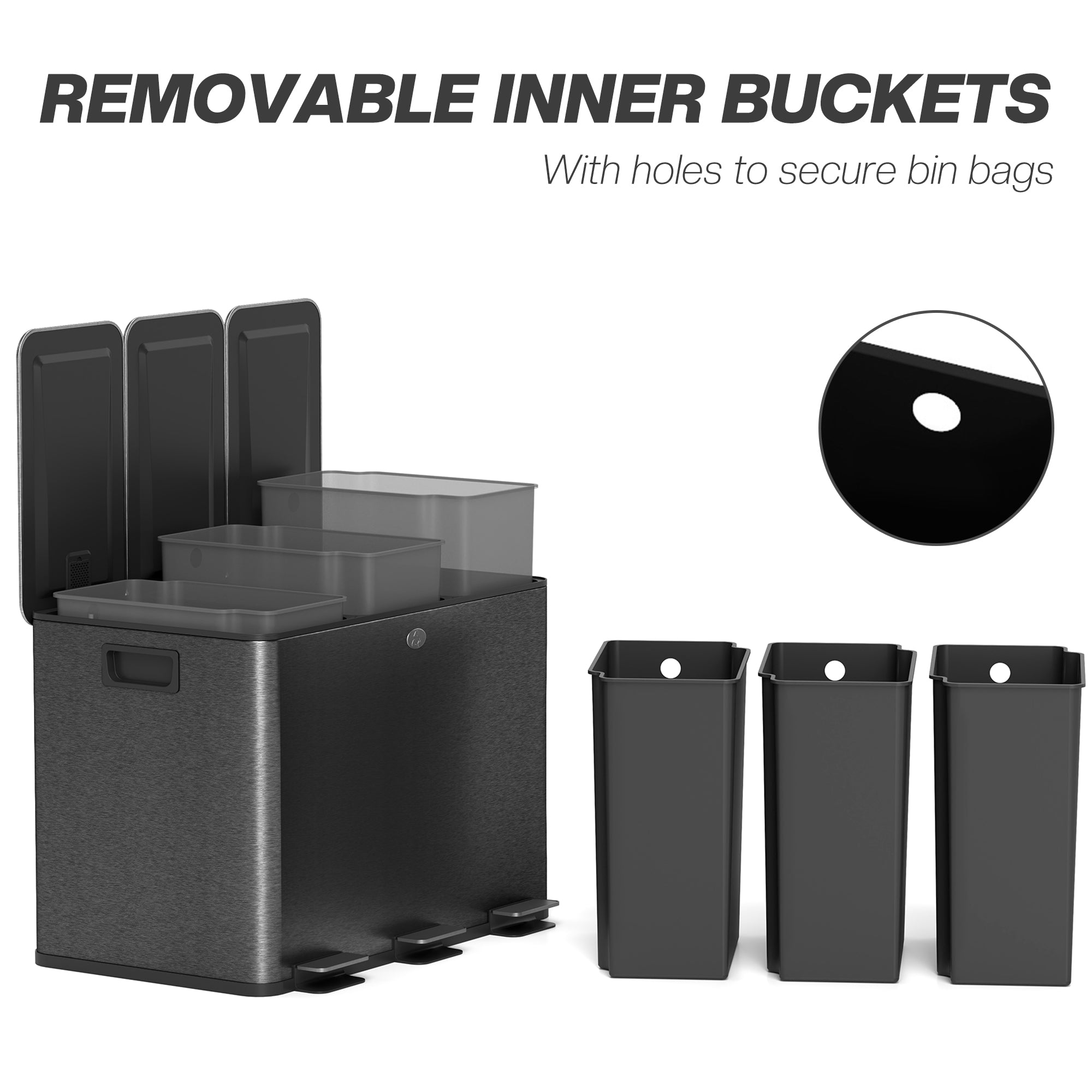 HOMCOM 3 x 20L Pedal Bin, Steel Triple Kitchen Bin with Soft Close Lid, Removable Inner Buckets, Fingerprint-Proof, Black