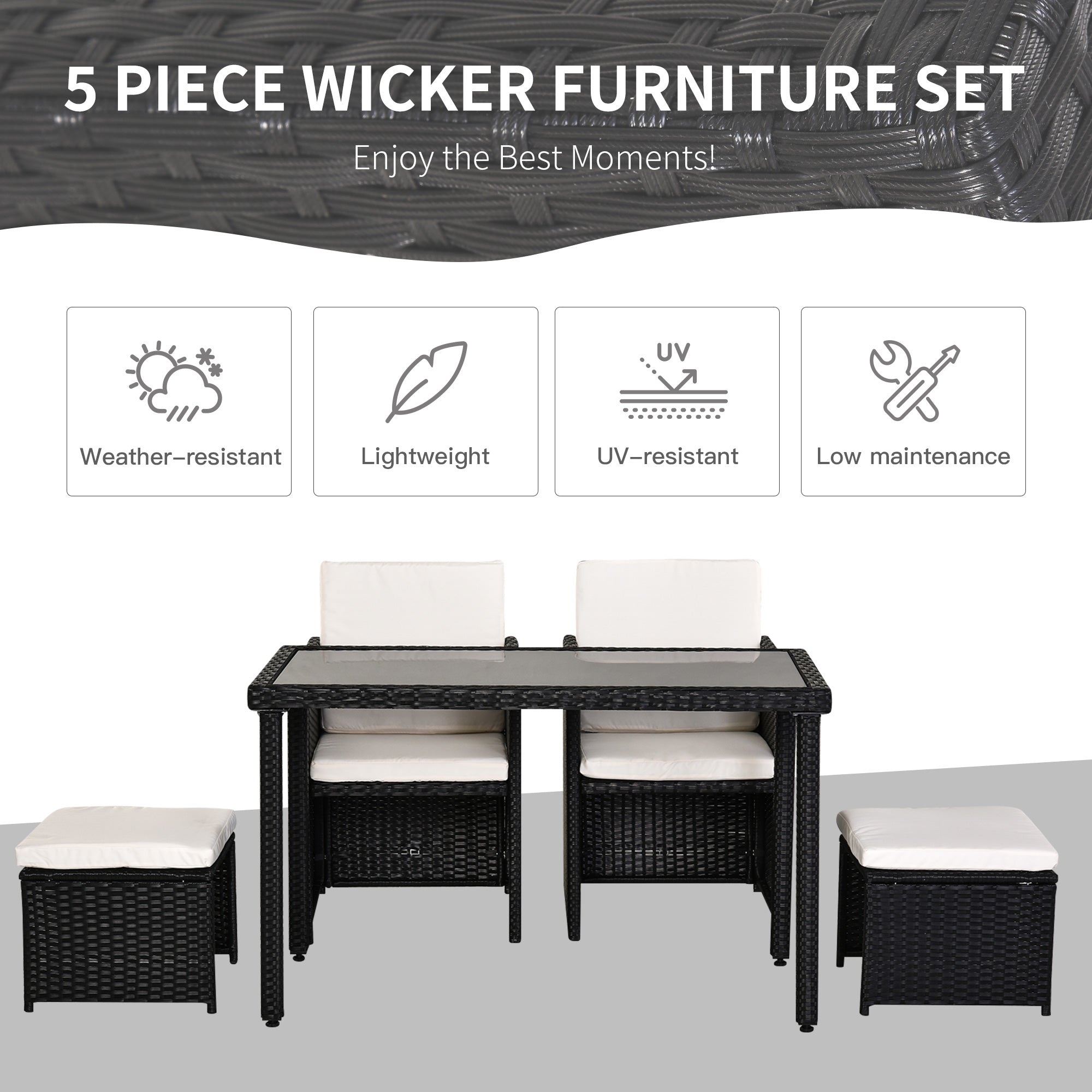 Outsunny 2 Seater Rattan Cube Garden Furniture Set, Rattan Dining Set with Cushions, Outdoor Dining Table and Chairs with 2 Armchairs, 2 Stools, Rectangular Glass Top Table for Patio, Balcony, Black 