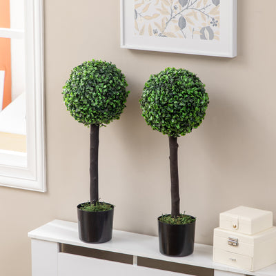 HOMCOM Set of 2 Artificial Plants Boxwood Ball Trees in Pot Fake Plants for Home Indoor Outdoor Decor, 20x20x60cm, Green 