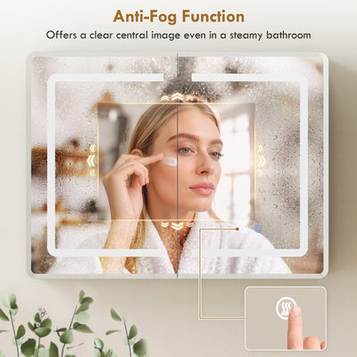 HOMCOM Mirrored Bathroom Cabinet with LED Lights, 60 x 80 cm Bathroom Mirror Cabinet with Anti-Fog, 3 Colour Dimmable Lighting 