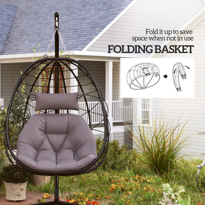 Outsunny Hanging Egg Chair Outdoor Indoor Garden Swing Chair with Folding Basket, Thickened Cushion, Garden Hanging Chair with Stand, Headrest for Patio, Balcony, Grey 