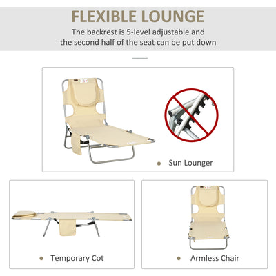 Outsunny Foldable Sun Lounger, Beach Chaise Lounge with Reading Hole, Arm Slots, 5-Position Adjustable Backrest, Side Pocket, Pillow for Patio, Garden, Beach, Pool, Beige 