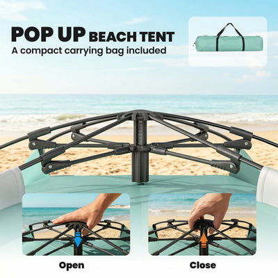Outsunny 2-3 Person Pop Up Beach Tent, UPF15+ Sun Shelter with Extended Floor, Sandbags, Mesh Windows and Carry Bag, Green 