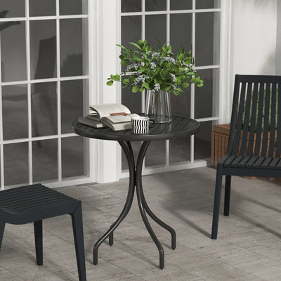 Outsunny 66cm Patio Table, Round Garden Table, Outdoor Side Table with Steel Frame and Slat Tabletop, Black 