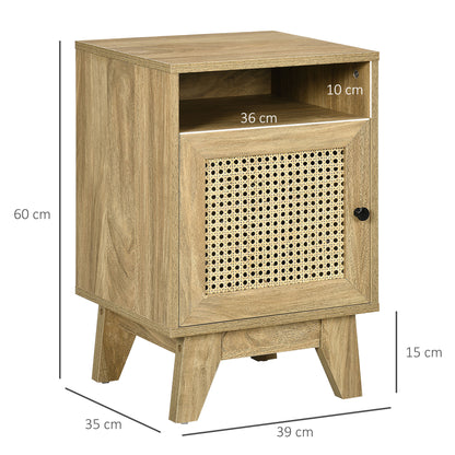HOMCOM Narrow Rattan Nightstand, Side End Table with Shelf and Cupboard, 39cm x 35cm x 60cm, Natural