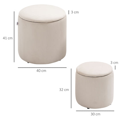 HOMCOM Modern Storage Ottoman with Removable Lid, Fabric Storage Stool, Foot Stool, Dressing Table Stool Side Table, Set of 2, Cream White