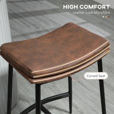 HOMCOM Breakfast Bar Stools Set of 2, Microfibre Upholstered Barstools, Industrial Bar Chairs with Curved Seat and Steel Frame for Dining Room, Kitchen, Brown 