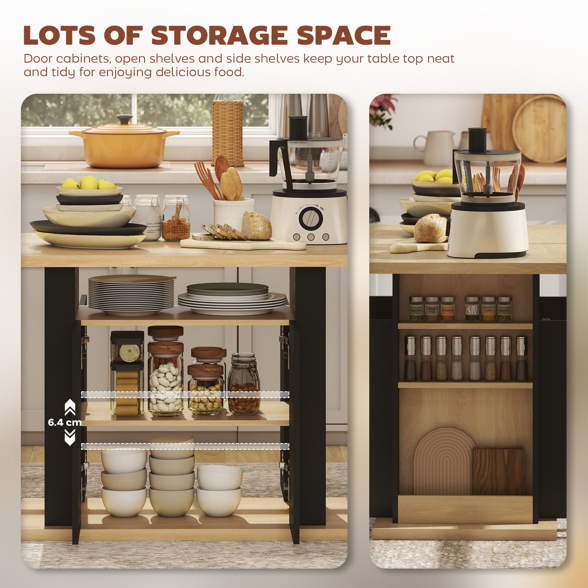 HOMCOM Kitchen Island with Spice Rack, Kitchen Storage with Large Tabletop for 4 People, Adjustable Shelves Black & Natural 