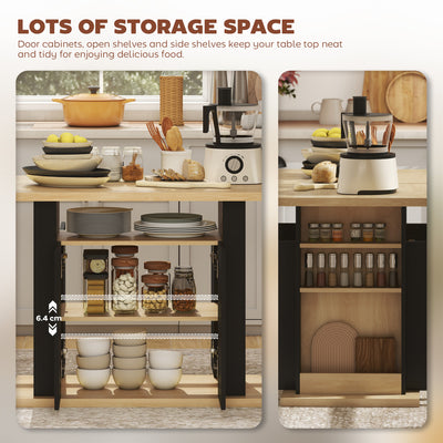 HOMCOM Kitchen Island with Spice Rack, Kitchen Storage with Large Tabletop for 4 People, Adjustable Shelves Black & Natural 