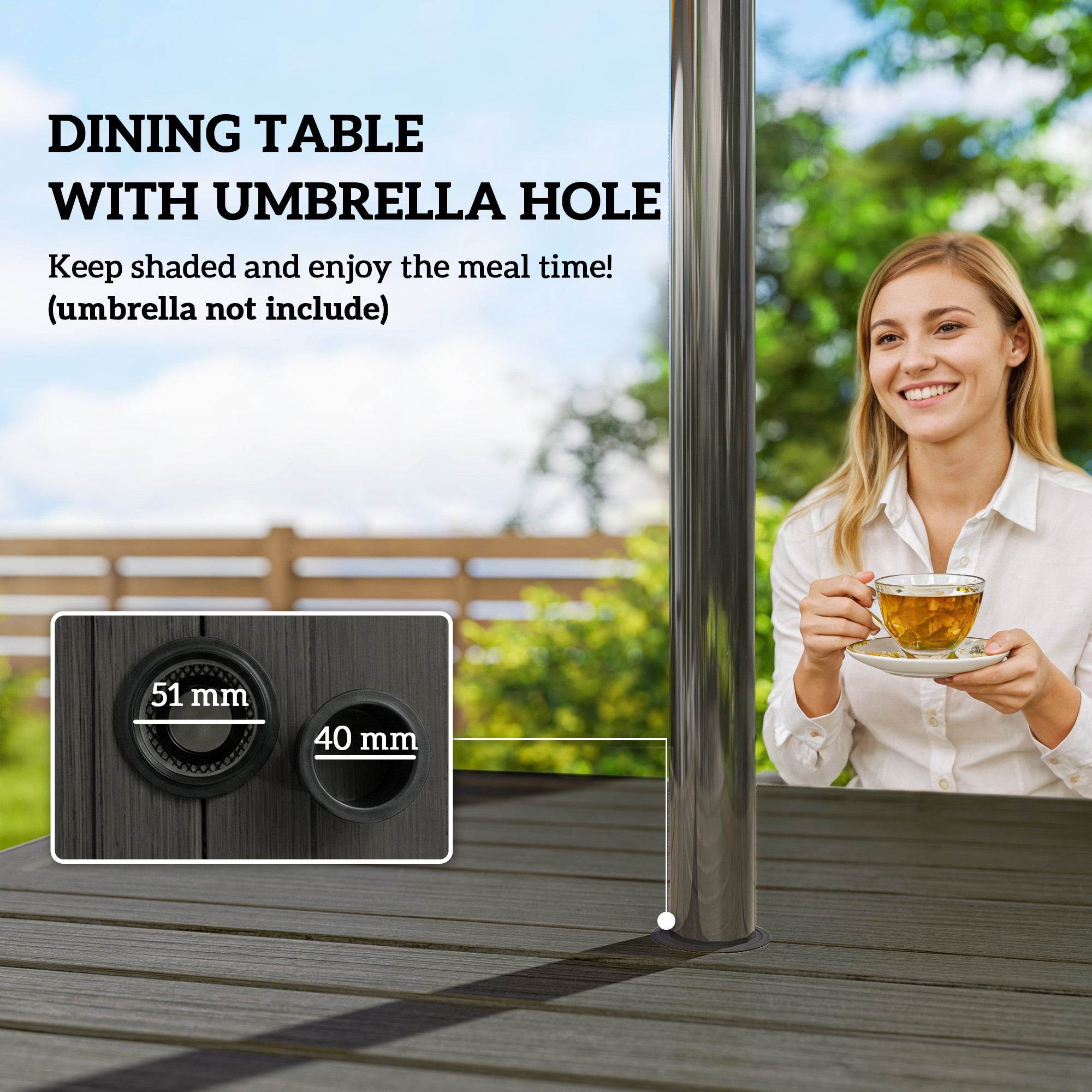 Outsunny 5 Pieces Outdoor Dining Set for 4, Garden Table and Stackable Chairs with Breathable Mesh Seat and Parasol Hole, Grey 